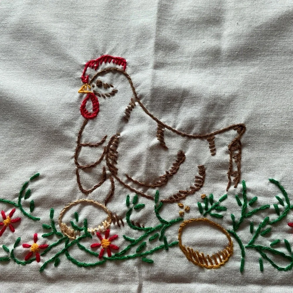 Vintage Hand‎ Embroidered Tablecloth Chickens Eggs Farmhouse Cottagecore 36x38